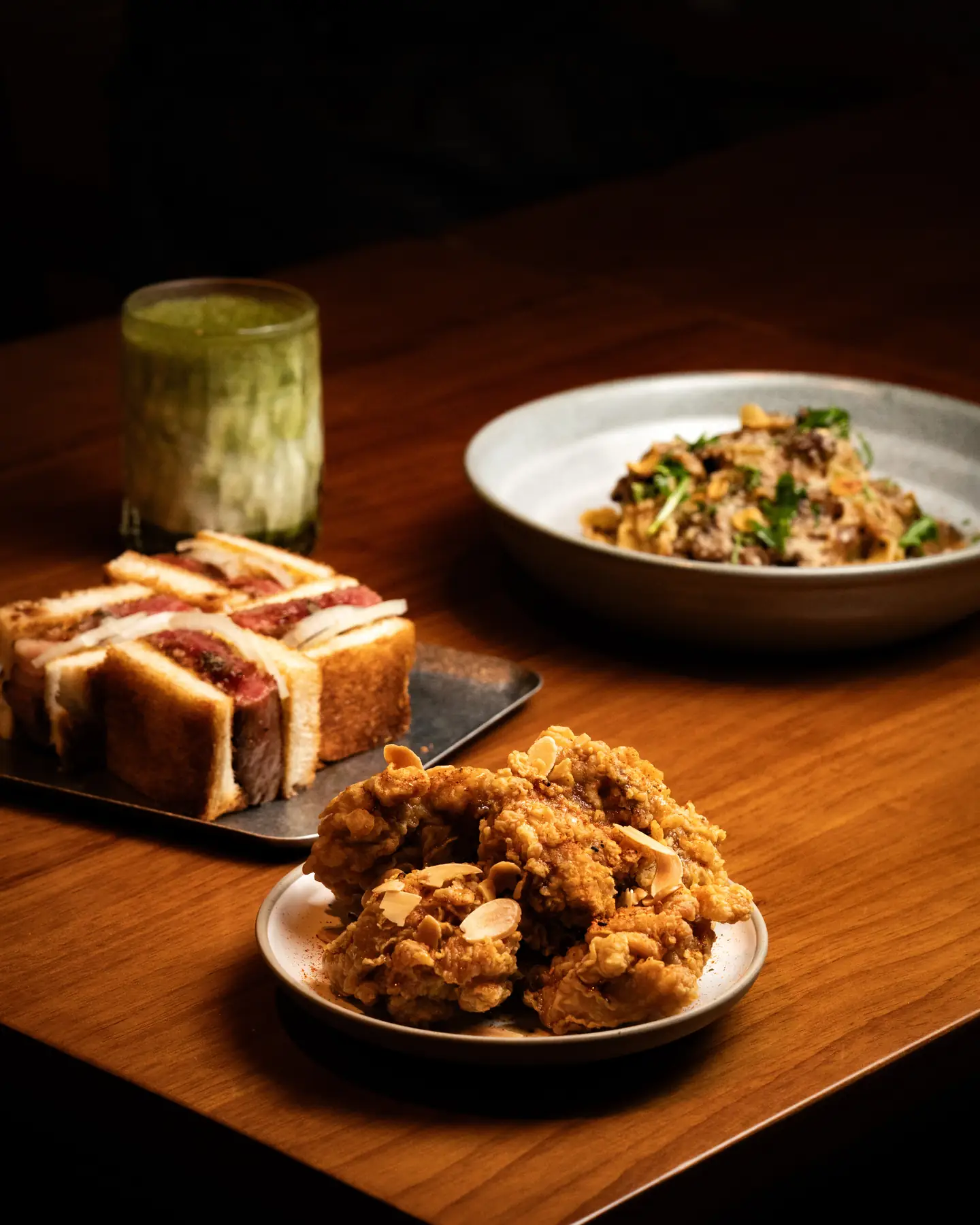 Toast, fried chicken and Matcha at To;asta table.